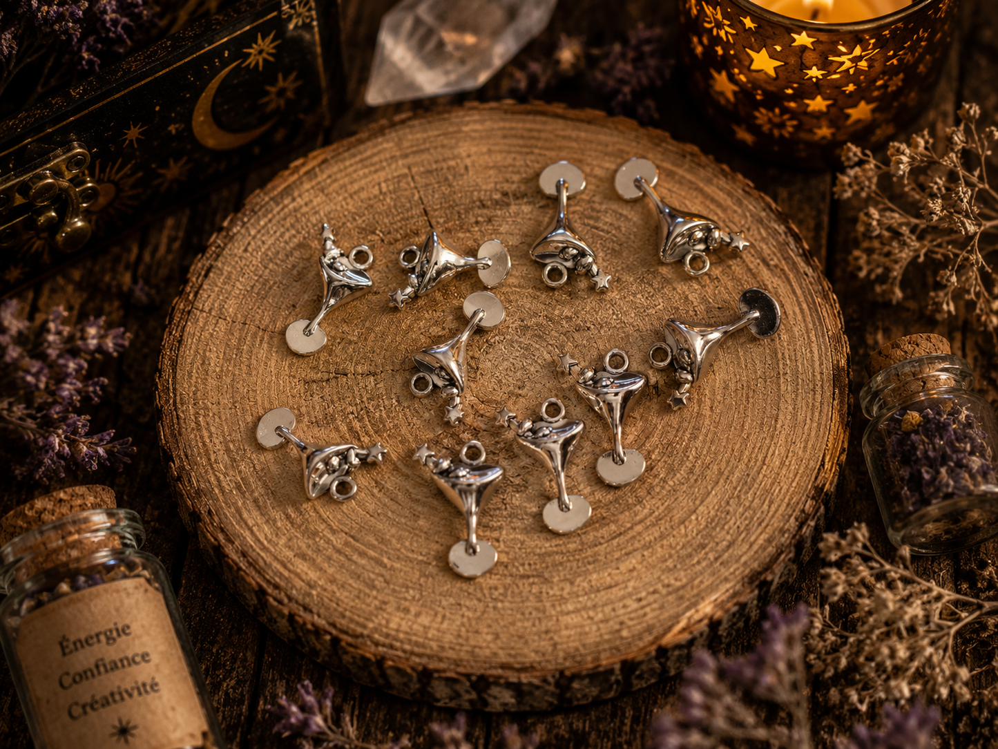 Lot de 10 Pendentifs Verre à Cocktail Argenté