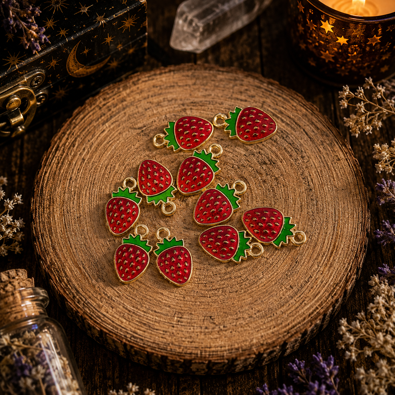Lot de 10 Pendentifs Fraise Émaillée
